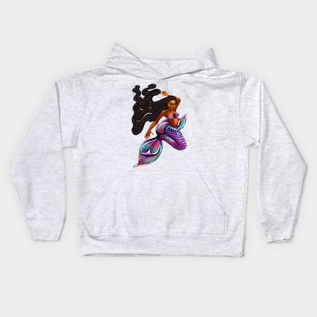 mermaid with flowing braids, brown eyes curly Afro hair and caramel brown skin. Black mermaid Kids Hoodie by Artonmytee